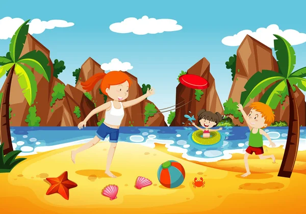 人们在海滩上玩乐的海洋场景 — 图库矢量图片