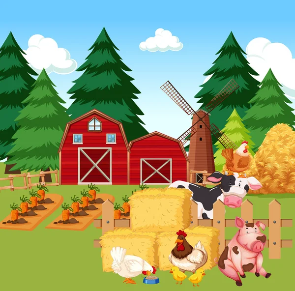 Farma Scéna Hospodářská Zvířata Farmě Ilustrace — Stockový vektor