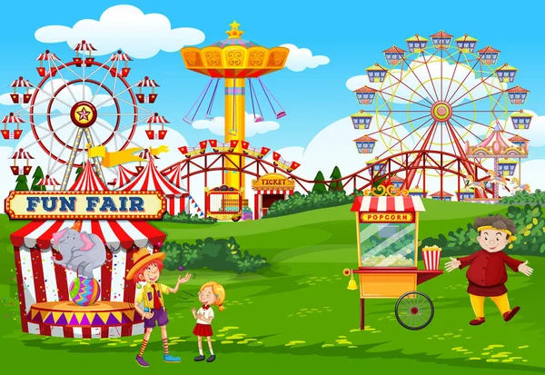 Parque Atracciones Con Circo Palomitas Maíz Tema Escena Ilustración — Vector de stock