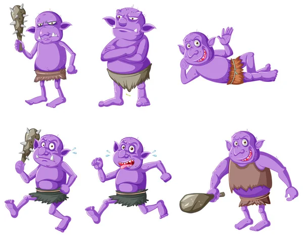 Conjunto Duende Púrpura Troll Diferentes Poses Ilustración Aislada Personaje Dibujos — Vector de stock
