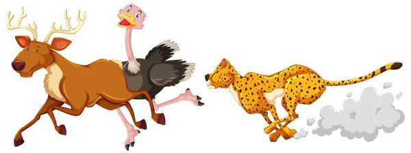 Caza Leopardo Ostriche Ciervos Personaje Dibujos Animados Sobre Fondo Blanco — Vector de stock