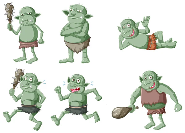 Set Dark Green Goblin Troll Different Poses Cartoon Character Isolated — Stock Vector