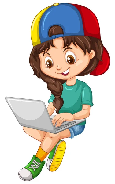 Meisje Groen Shirt Met Behulp Van Laptop Cartoon Karakter Geïsoleerd — Stockvector