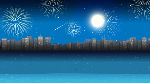 Paesaggio Urbano Con Celebrazione Fuochi Artificio Scena Illustrazione — Vettoriale Stock