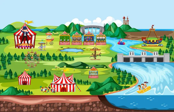 Parque Atracciones Con Carnavales Circo Tema Paisaje Escena Ilustración — Vector de stock