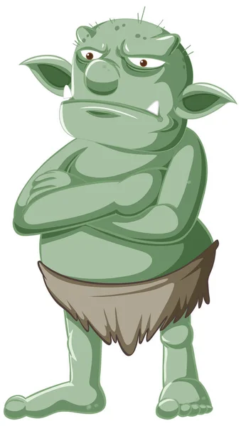 Duende Verde Oscuro Troll Pie Posan Con Cara Ira Ilustración — Vector de stock