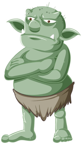 Темно-зеленый гоблин или тролль стоя поза с лицом гнева в мультяшных персонажей изолированной иллюстрации
