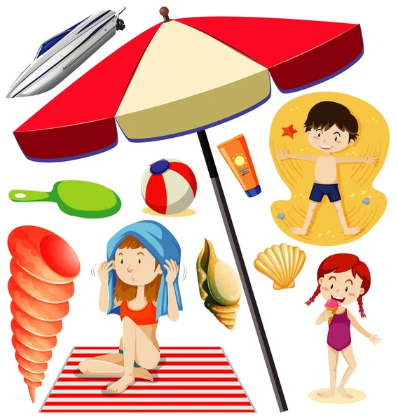 Set Summer Beach Icon Kids Cartoon Style White Background Illustration — Stock Vector