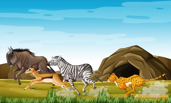 Animales Caza Leopardo Personaje Dibujos Animados Bosque Fondo Ilustración — Vector de stock