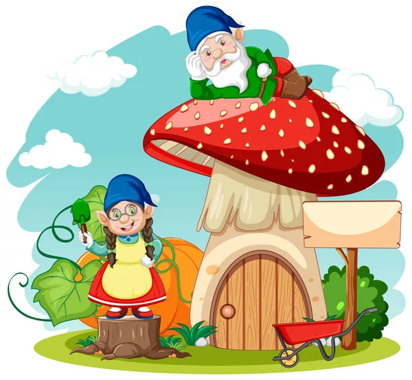 Gnomes Paddestoel Huis Cartoon Stijl Witte Achtergrond Illustratie — Stockvector