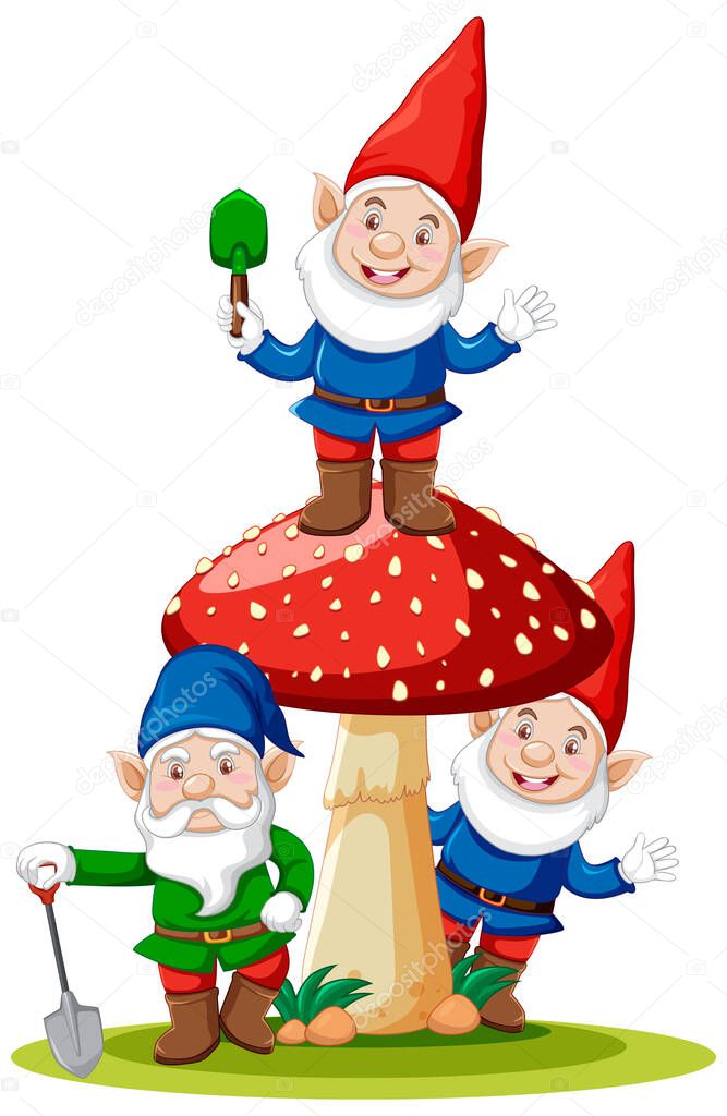 Gnomes and mushroom cartoon character on white background illustration
