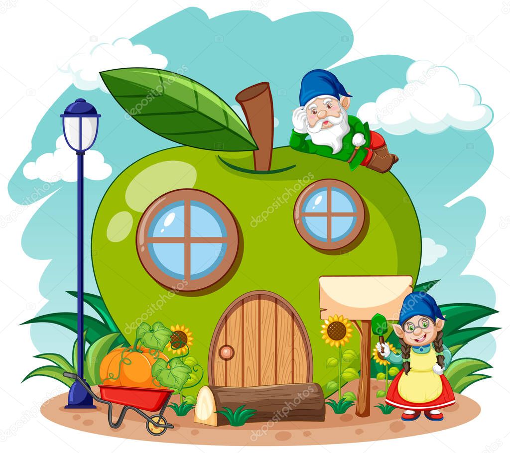 Gnomes and green apple house in the garden cartoon style on sky background illustration