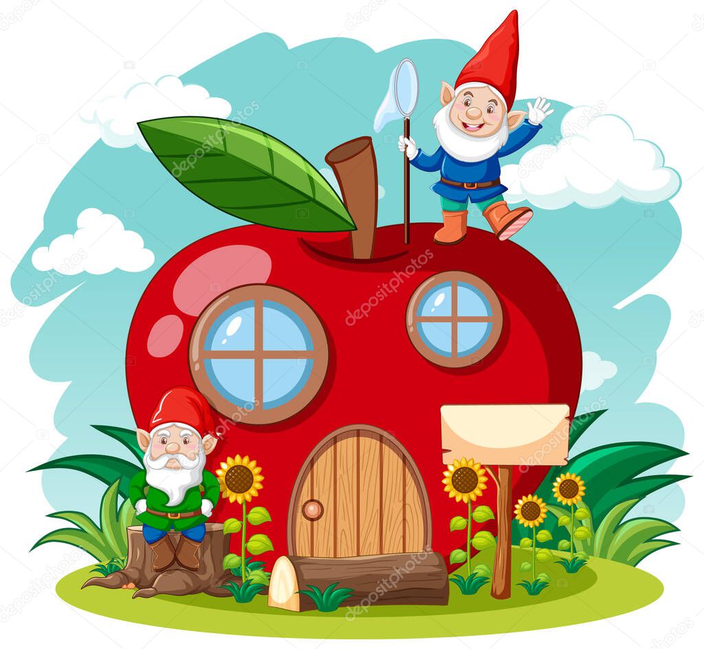 Gnomes and red apple house cartoon style on sky background illustration