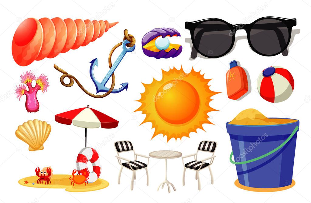 Set of summer beach icon cartoon style on white background illustration