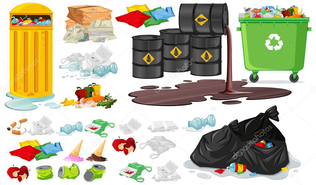 Set of plastic garbage and trash icon isolated on white background illustration