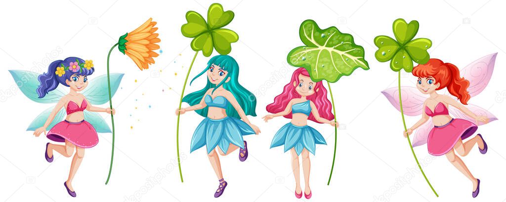 Set of fairy tales holding flower cartoon character on white background illustration