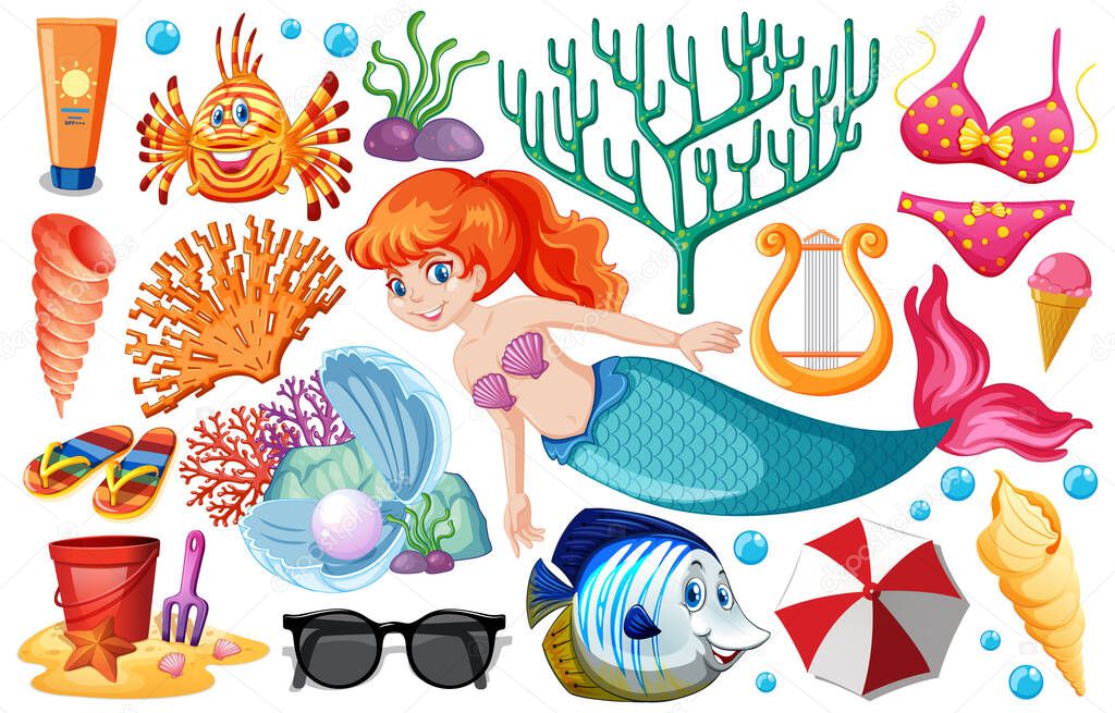 Set of mermaid and summer icon cartoon on white background illustration