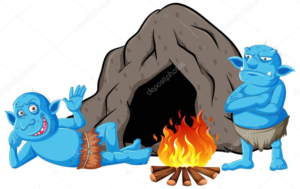 Goblins or trolls with cave house and camp fire in cartoon style isolated illustration