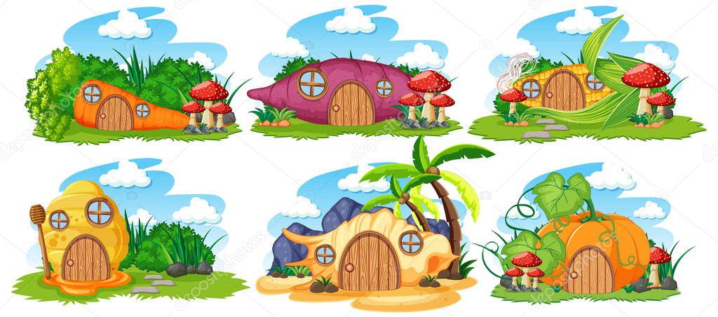 Set of isolated fairy tale houses with sky cartoon style on white background illustration