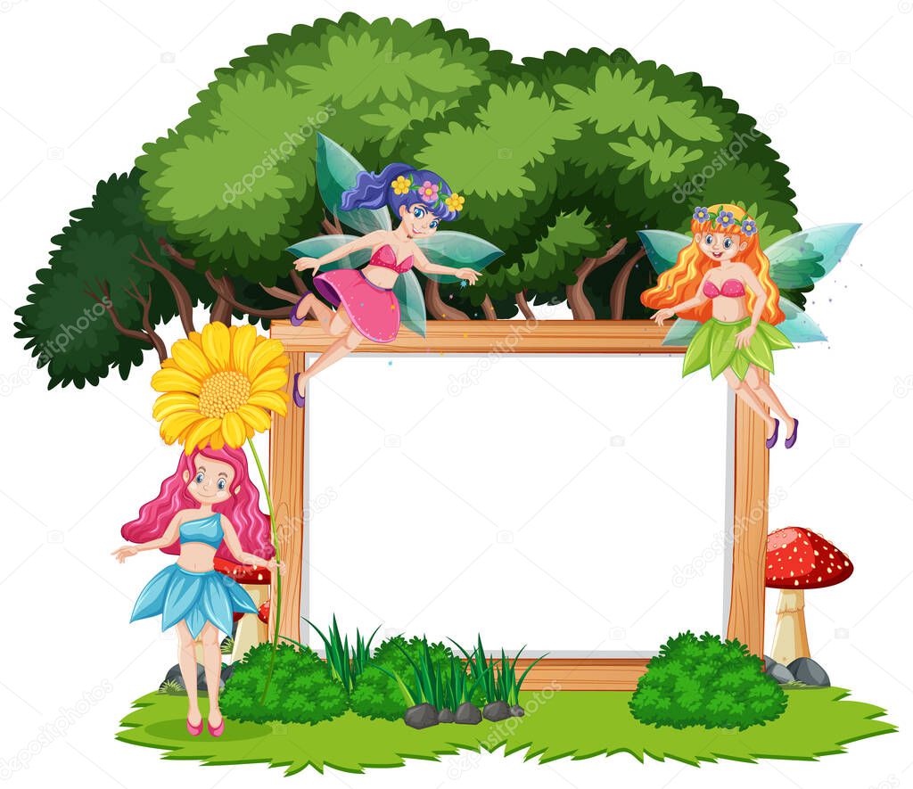 Fairy tales in forest with blank banner cartoon style on white background illustration