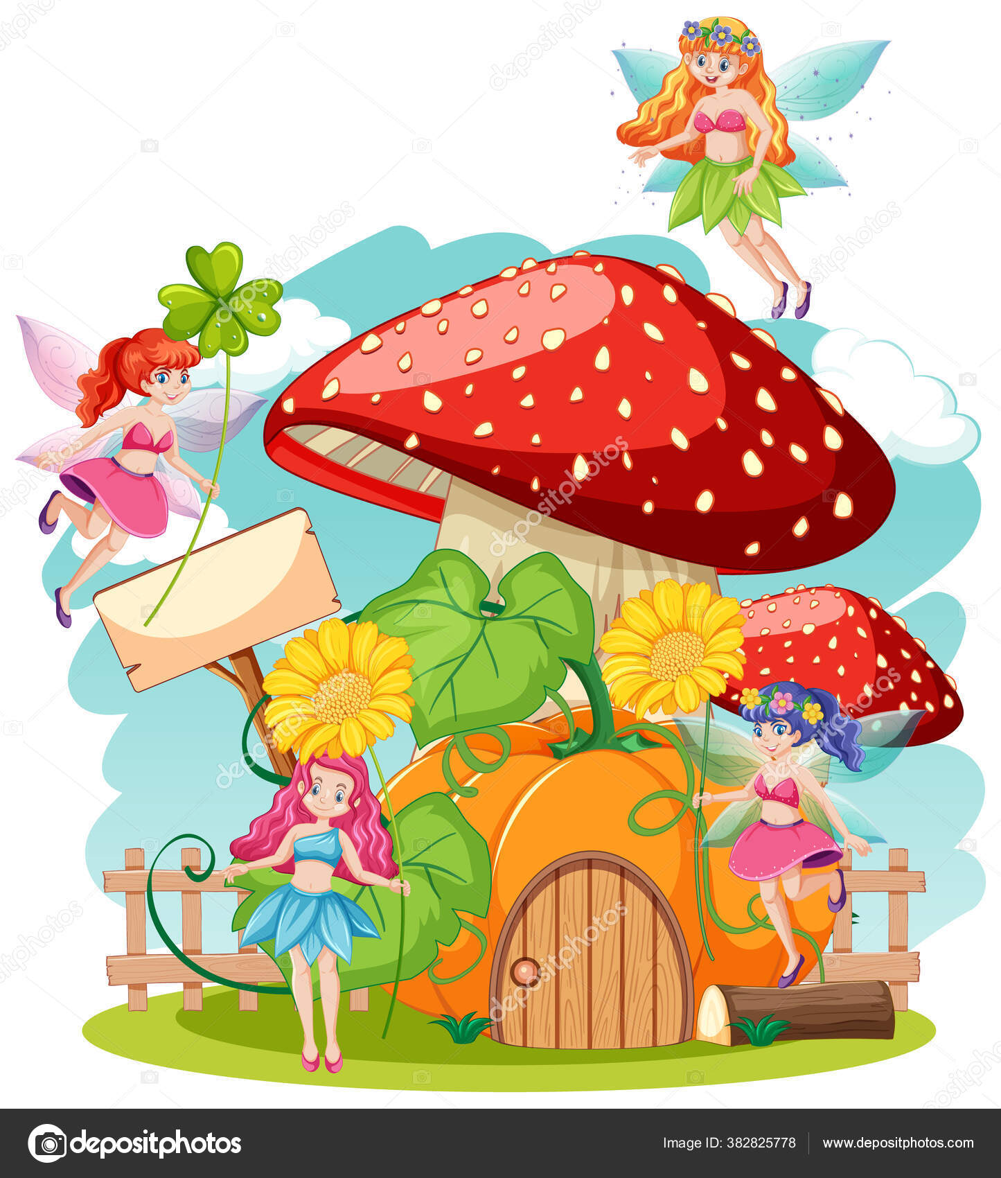 Fairy Tales Holiding Flower Mushroom House Cartoon Style White Background  Stock Vector Image by ©blueringmedia #382825778