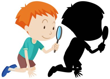 Büyüteçli, renkli ve siluetli bir çocuk.