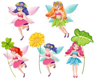 Beyaz arkaplanda çiçek karikatürü tutan bir grup sevimli peri.