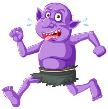 Mor goblin ya da troll koşu pozu çizgi film karakteri izole edilmiş komik yüzlü.