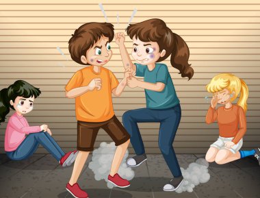 İnsanların resimle savaştığı aile içi şiddet sahnesi