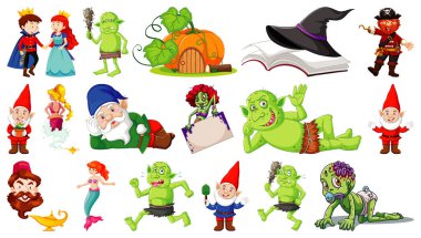 Beyaz arkaplanda izole edilmiş fantastik çizgi film karakterleri ve fantezi teması