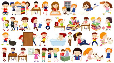 Bir grup sevimli çocuk çizgi film karakteri çizimi