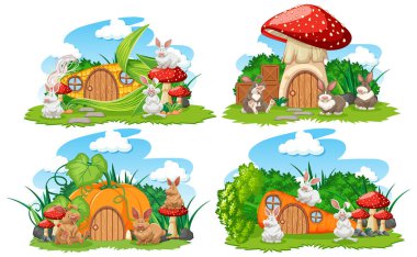 Bahçedeki sebze fantezi evleri beyaz arka planda izole edilmiş şirin hayvanlar.