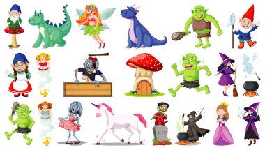 Beyaz arkaplanda izole edilmiş fantastik çizgi film karakterleri ve fantezi teması