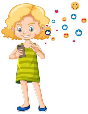 Yeşil gömlekli kız beyaz arkaplanda izole edilmiş akıllı telefon çizgi film karakteri kullanıyor.