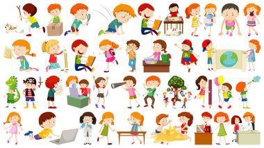 Bir grup sevimli çocuk çizgi film karakteri çizimi