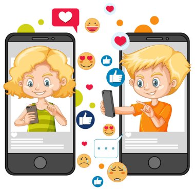 Sosyal medya emoji simgesi temalı akıllı telefon beyaz arkaplan illüstrasyonunda izole edildi