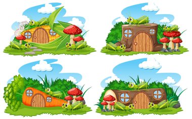 Bahçede beyaz arka planda izole edilmiş şirin hayvanların olduğu bir grup fantezi evi.