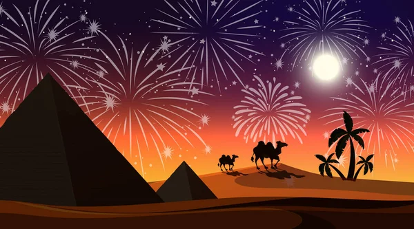 Wüste Mit Feier Feuerwerk Szene Illustration — Stockvektor