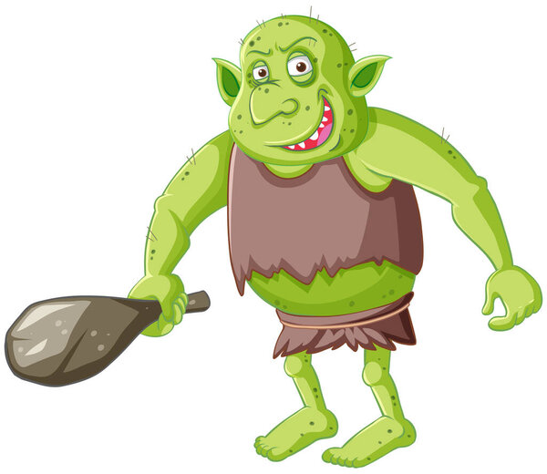Зеленый гоблин или тролль, держащий охотничий инструмент в изолированной иллюстрации персонажа мультфильма