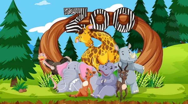 Zoo animals in the wild nature background illustration