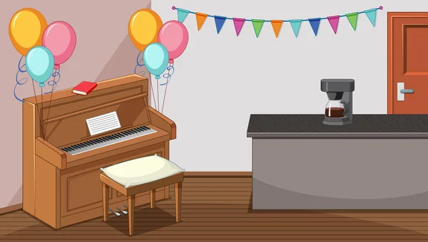 ピアノとコーヒーマシンのイラスト付きのリビングルームのパーティー — ストックベクタ