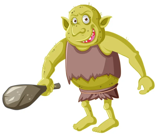 Goblin Amarelo Troll Segurando Ferramenta Caça Desenho Animado Personagem Ilustração — Vetor de Stock