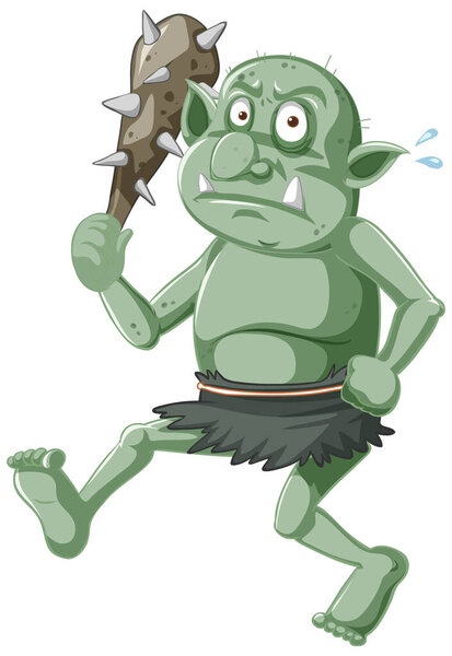 Темно-зеленый гоблин или тролль, держащий охотничий инструмент на иллюстрации персонажа мультфильма
