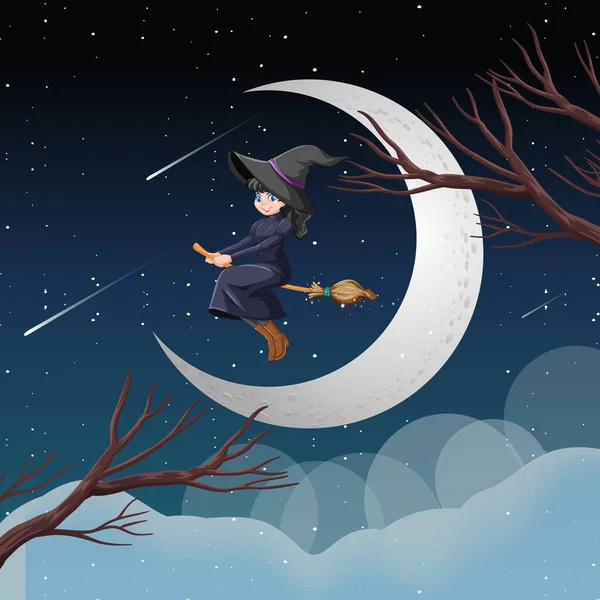 Witch Wizard Riding Broomstick Sky Isolated Sky Background Illustration — Stock Vector