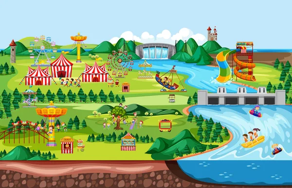 Paisaje Del Parque Atracciones Temático Muchos Paseos Con Niños Felices — Vector de stock