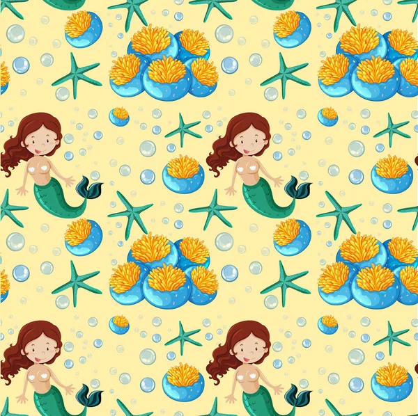 Seamless Sereia Mar Animal Cartoon Estilo Fundo Amarelo Ilustração — Vetor de Stock