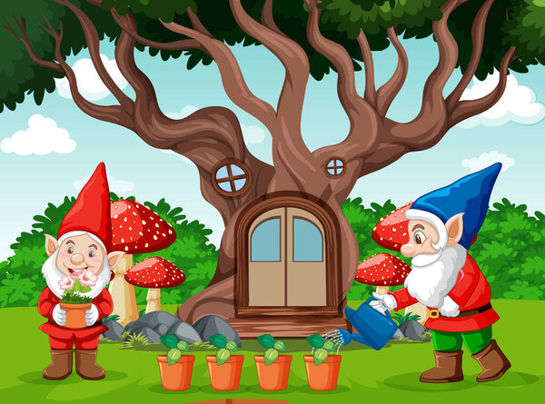 Gnomes and tree house cartoon style on garden background illustration