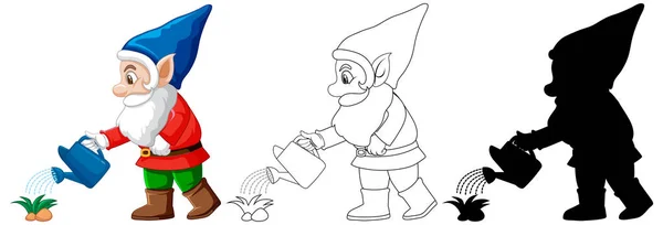 Gnome Besproeiing Plant Kleur Omtrek Silhouet Cartoon Karakter Witte Achtergrond — Stockvector