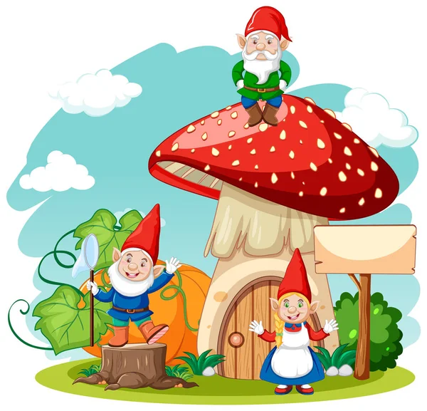 Gnomes Mushroom House Cartoon Style White Background Illustration — Stock Vector