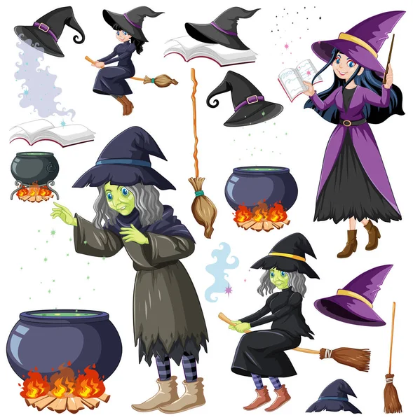 ウィザードや魔女やツールのセット白い背景イラストに隔離された漫画スタイル — ストックベクタ